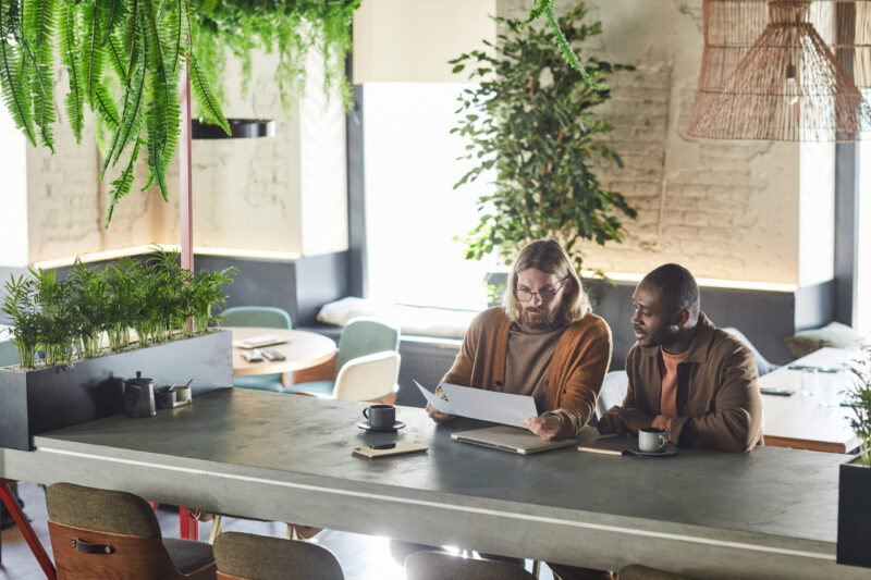 Wide angle portrait of two contemporary men collaborating on project during business meeting in green office or cafe interior, copy space