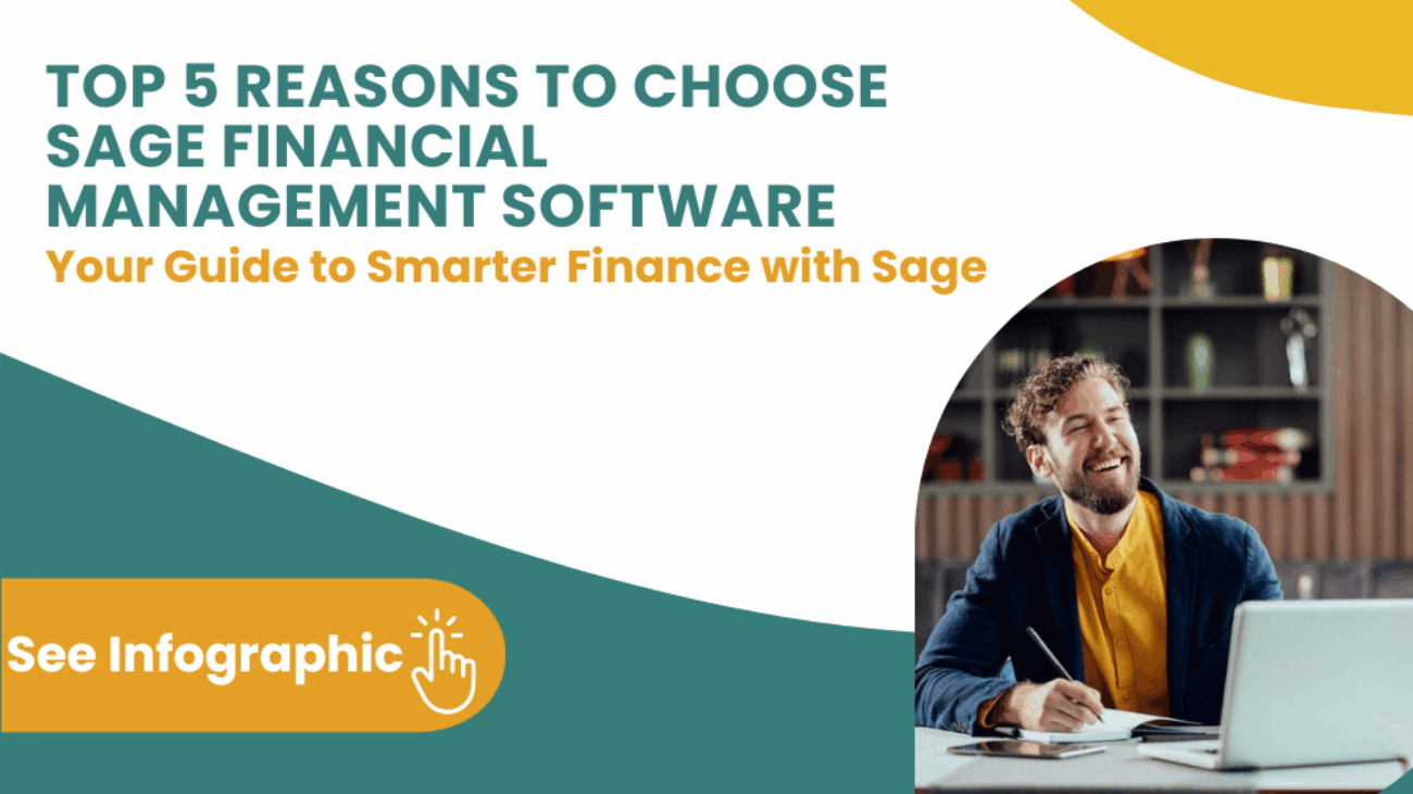 Infographic showing the top 5 benefits of Sage financial management software, including Sage 200 and Sage Intacct, for improving business finance, reporting, and growth.