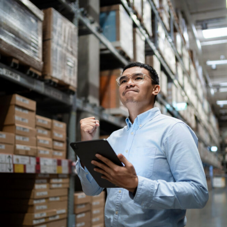 Warehouse manager using Sage 200 accounting software on a tablet to manage inventory, reporting and business operations.